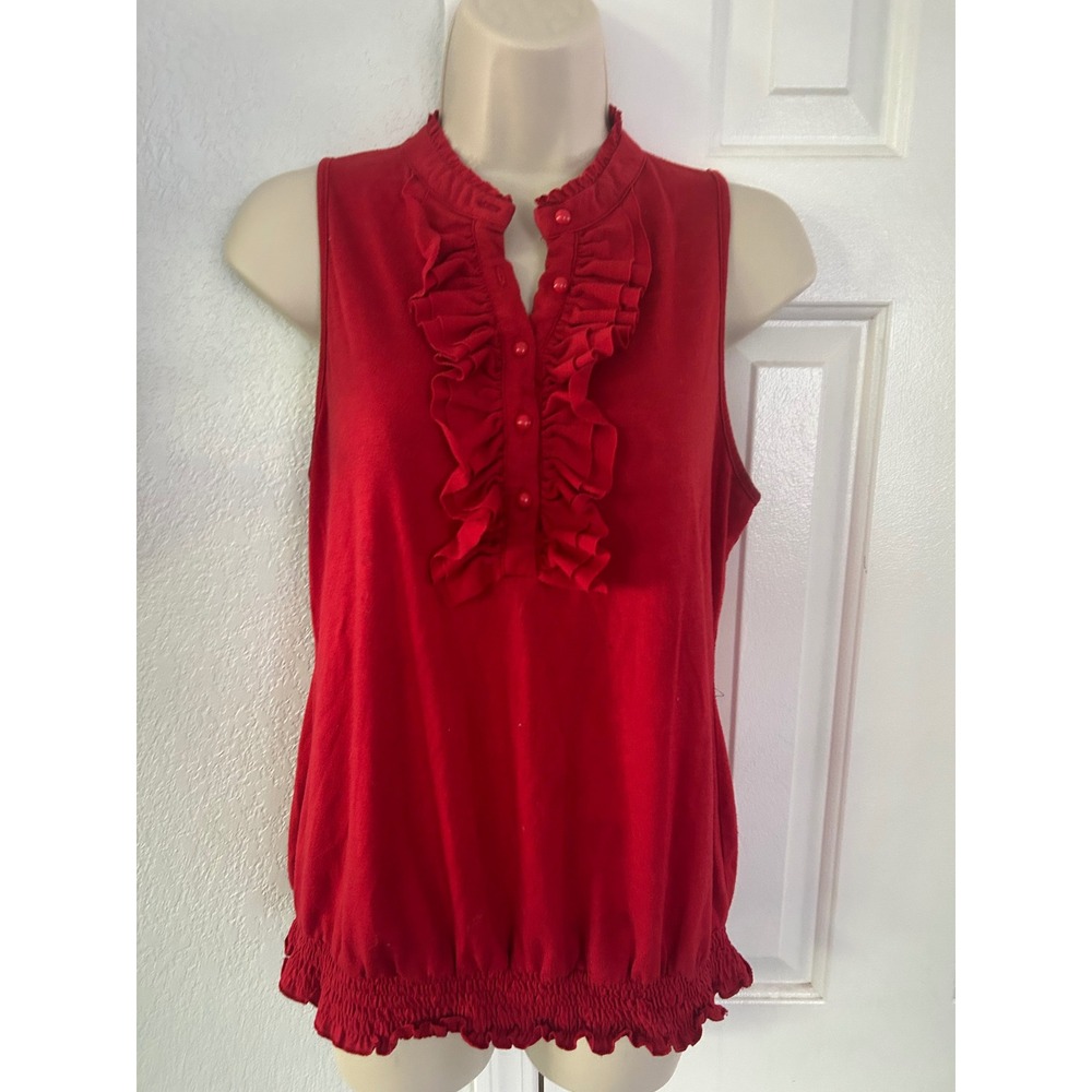 Y2K Red Sleeveless Ruffle Front Smocked Hem Blouson Top Large PL730TTA